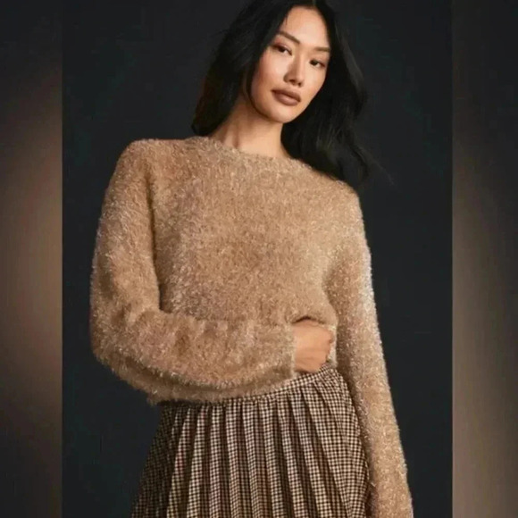 Anthropologie Maeve Tinsel Eyelash Soft Sparkle Sweater in Sand Tan Size 2X - Picture 1 of 5